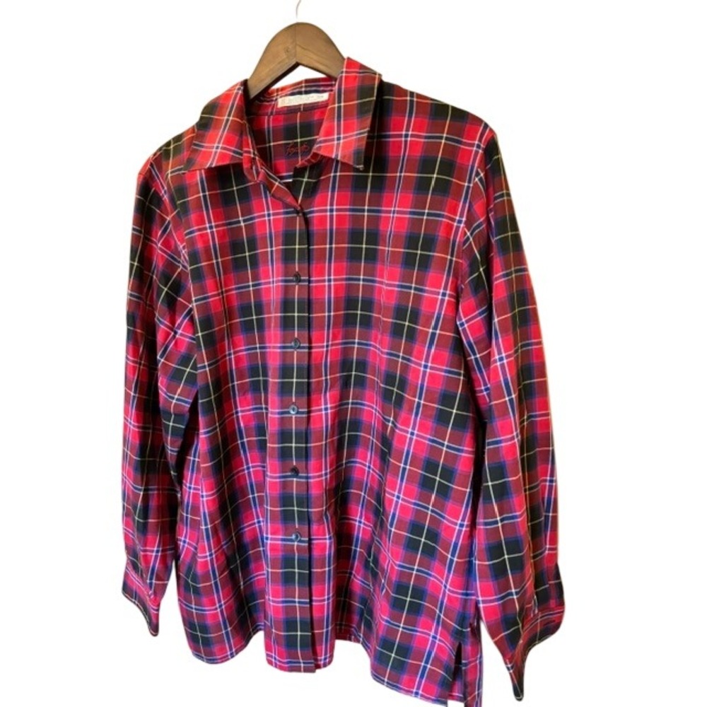 Foxcroft Red Blue Plaid Button Down Shirt Wrinkle Free Long Sleeve Size 14/16